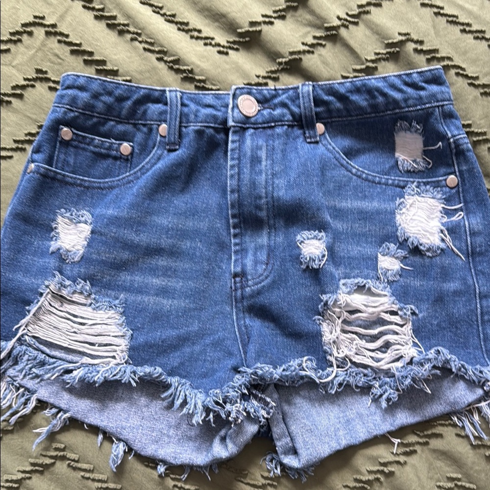 Boohoo Blue Distressed Jean Shorts High-Waisted